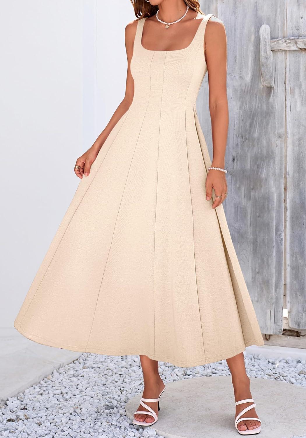 imageBTFBM Women Elegant Wedding Guest Dress Summer Square Neck Sleeveless Flowy A Line Formal Cocktail Party Maxi DressesBeige