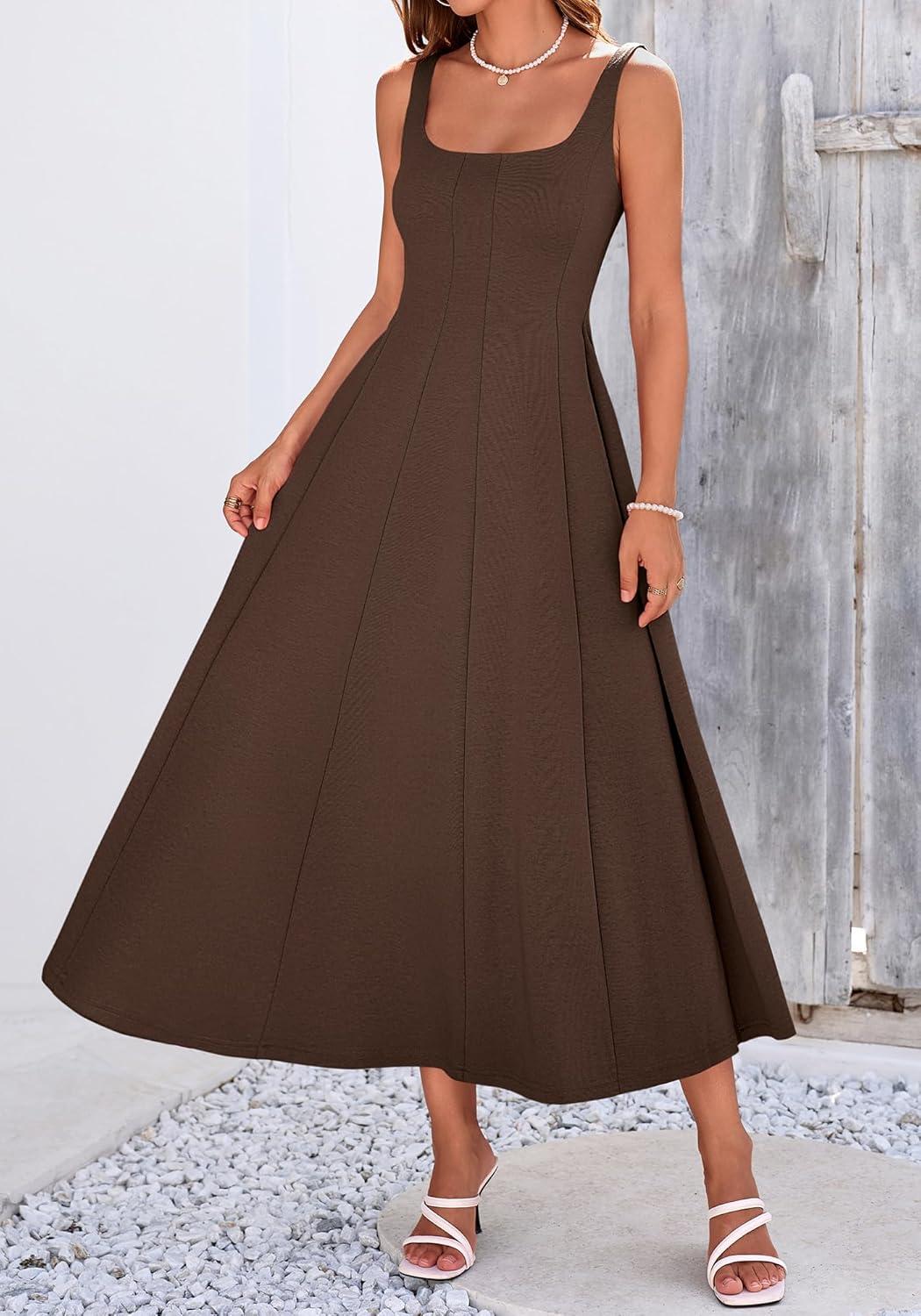 imageBTFBM Women Elegant Wedding Guest Dress Summer Square Neck Sleeveless Flowy A Line Formal Cocktail Party Maxi DressesBrown