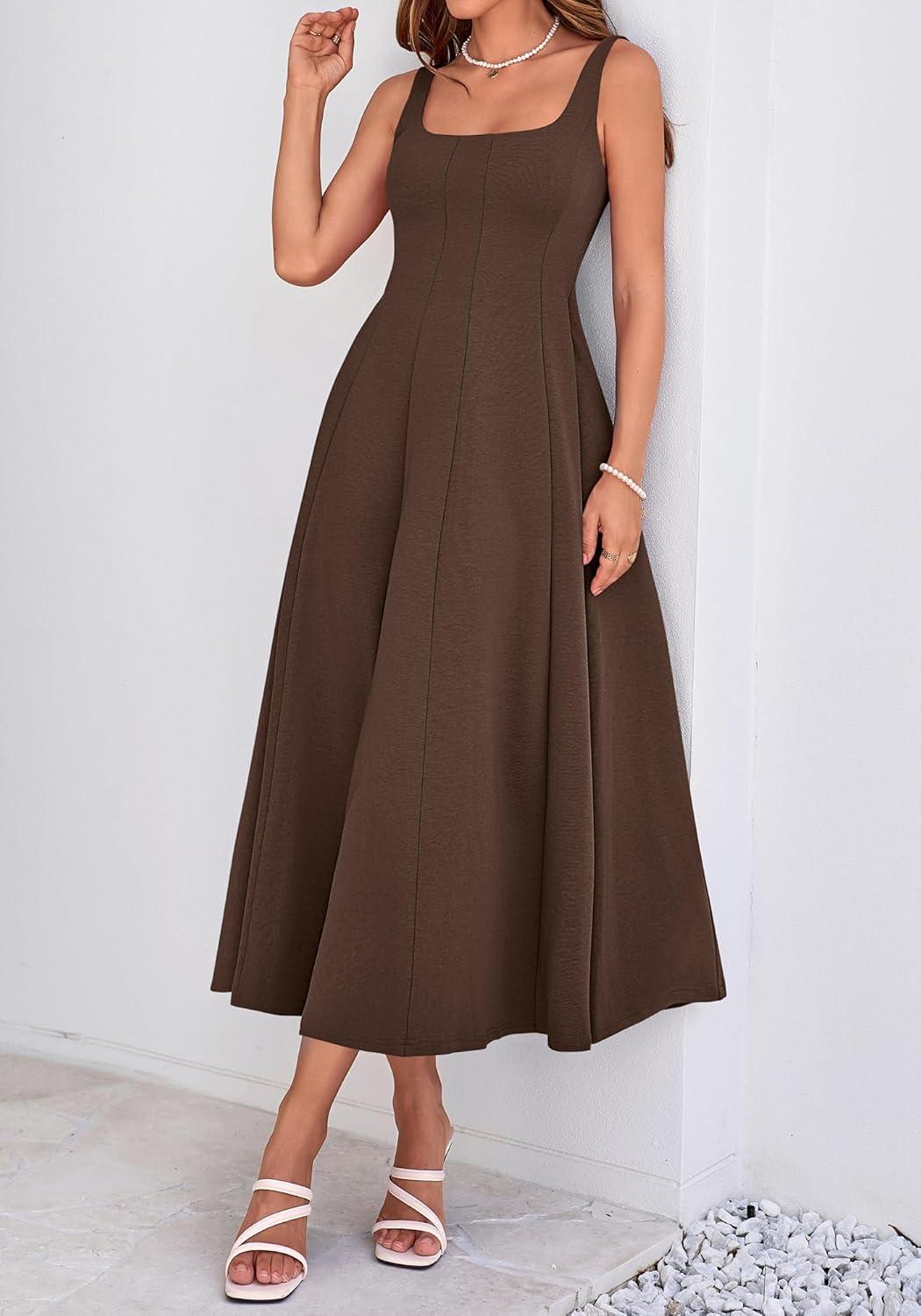 imageBTFBM Women Elegant Wedding Guest Dress Summer Square Neck Sleeveless Flowy A Line Formal Cocktail Party Maxi DressesBrown