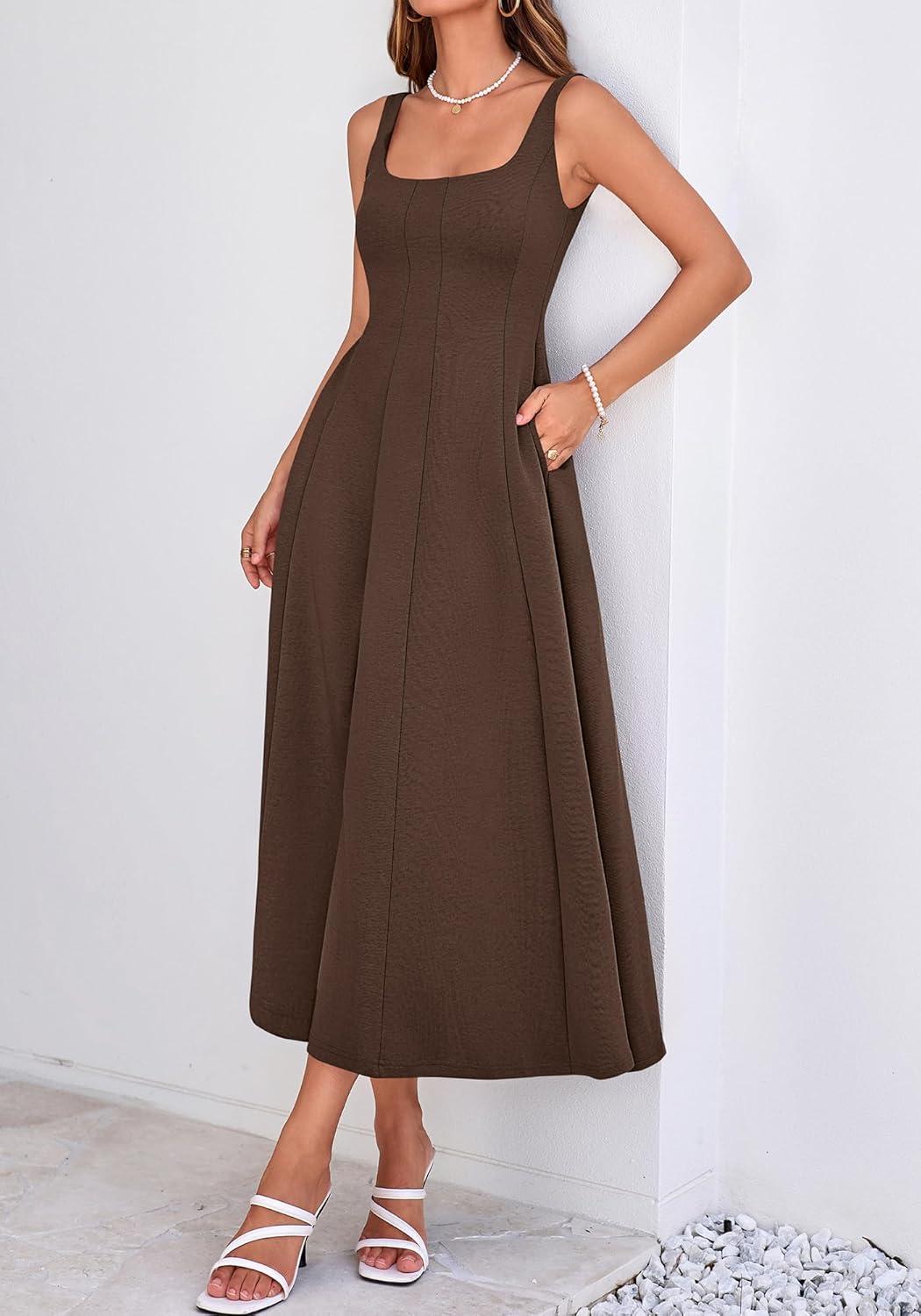 imageBTFBM Women Elegant Wedding Guest Dress Summer Square Neck Sleeveless Flowy A Line Formal Cocktail Party Maxi DressesBrown