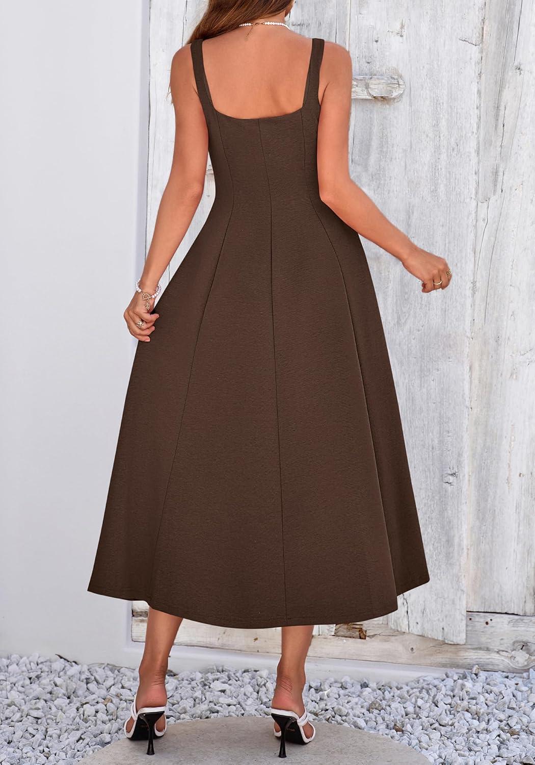 imageBTFBM Women Elegant Wedding Guest Dress Summer Square Neck Sleeveless Flowy A Line Formal Cocktail Party Maxi DressesBrown