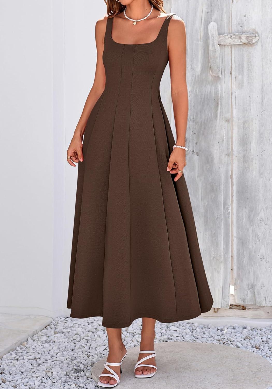 imageBTFBM Women Elegant Wedding Guest Dress Summer Square Neck Sleeveless Flowy A Line Formal Cocktail Party Maxi DressesBrown