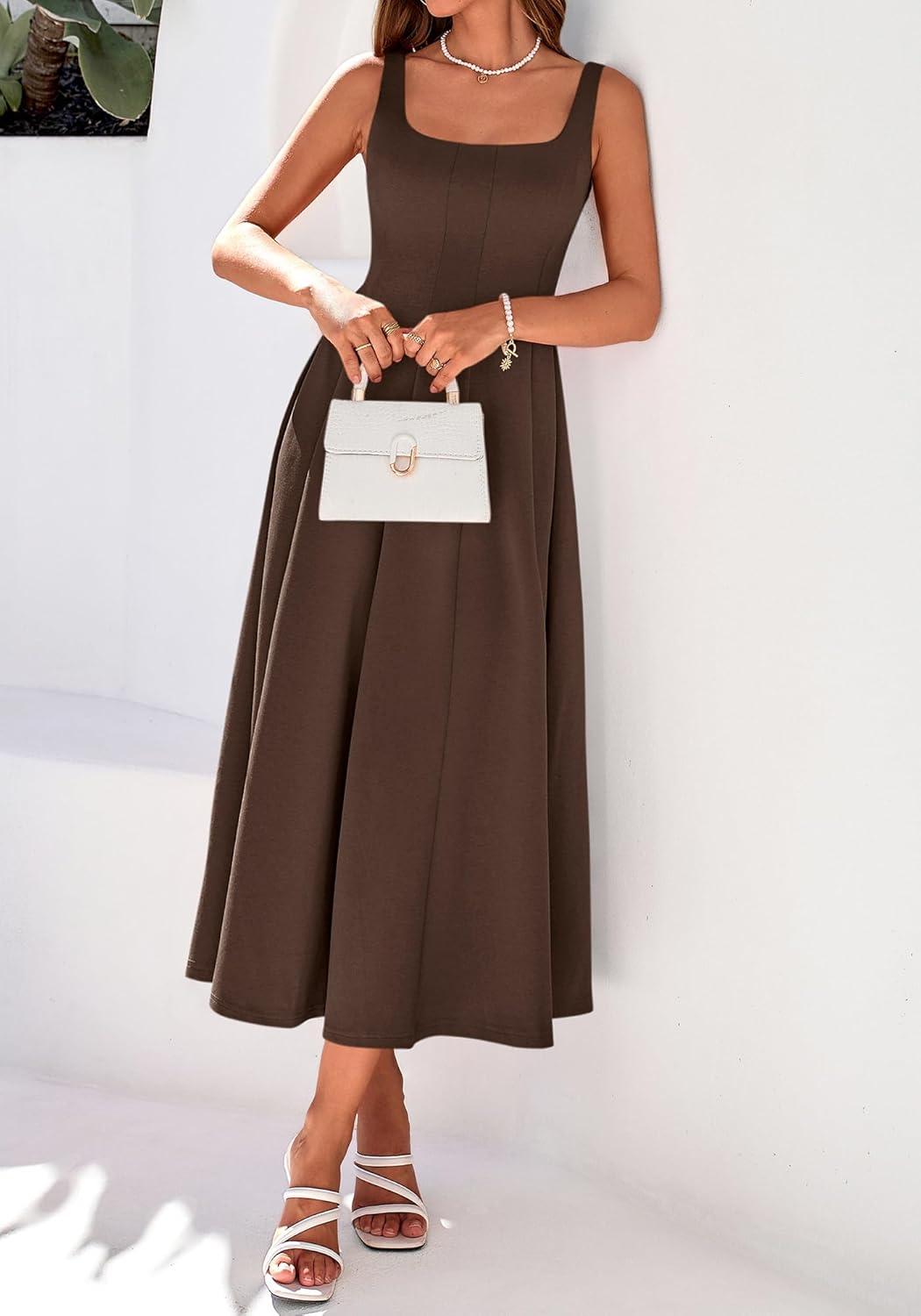 imageBTFBM Women Elegant Wedding Guest Dress Summer Square Neck Sleeveless Flowy A Line Formal Cocktail Party Maxi DressesBrown