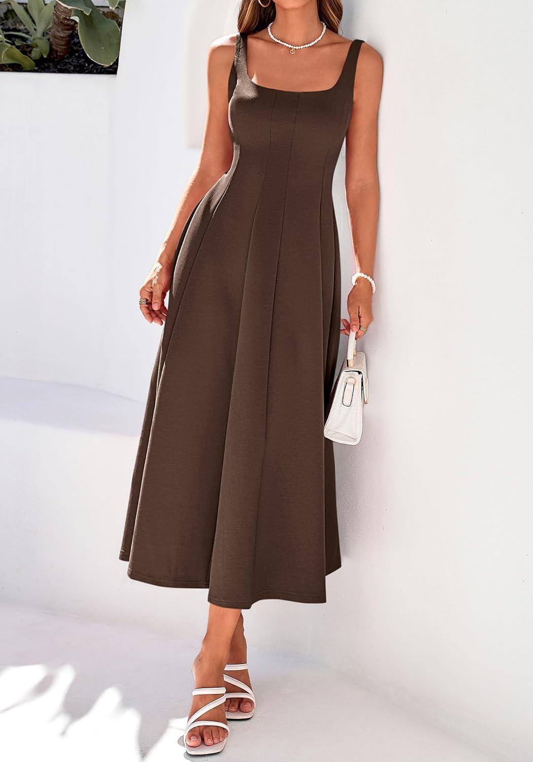 imageBTFBM Women Elegant Wedding Guest Dress Summer Square Neck Sleeveless Flowy A Line Formal Cocktail Party Maxi DressesBrown