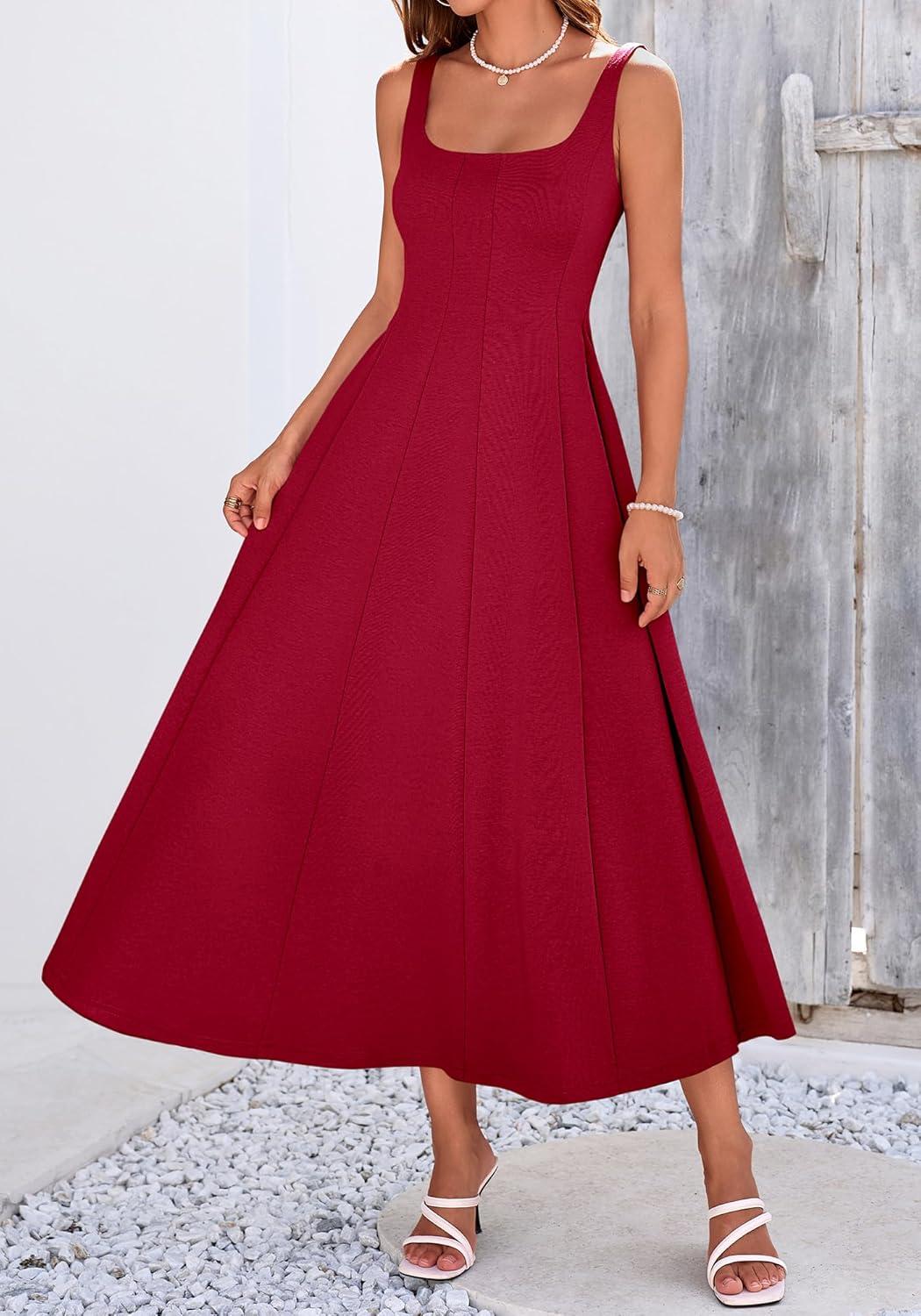 imageBTFBM Women Elegant Wedding Guest Dress Summer Square Neck Sleeveless Flowy A Line Formal Cocktail Party Maxi DressesBurgundy
