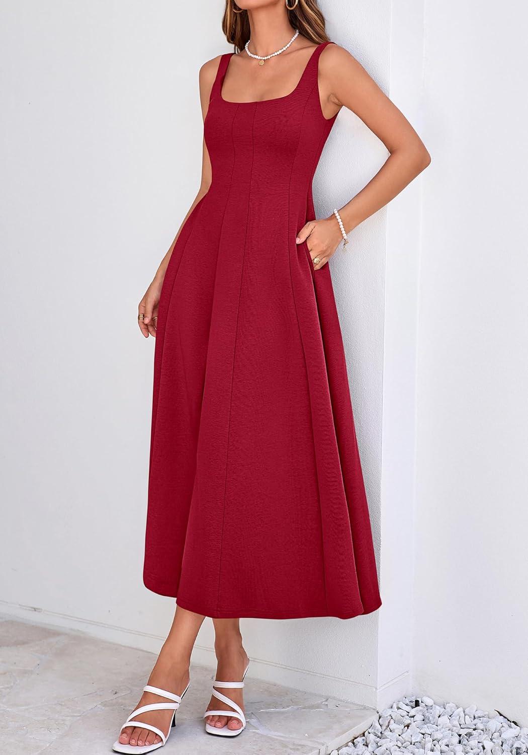 imageBTFBM Women Elegant Wedding Guest Dress Summer Square Neck Sleeveless Flowy A Line Formal Cocktail Party Maxi DressesBurgundy