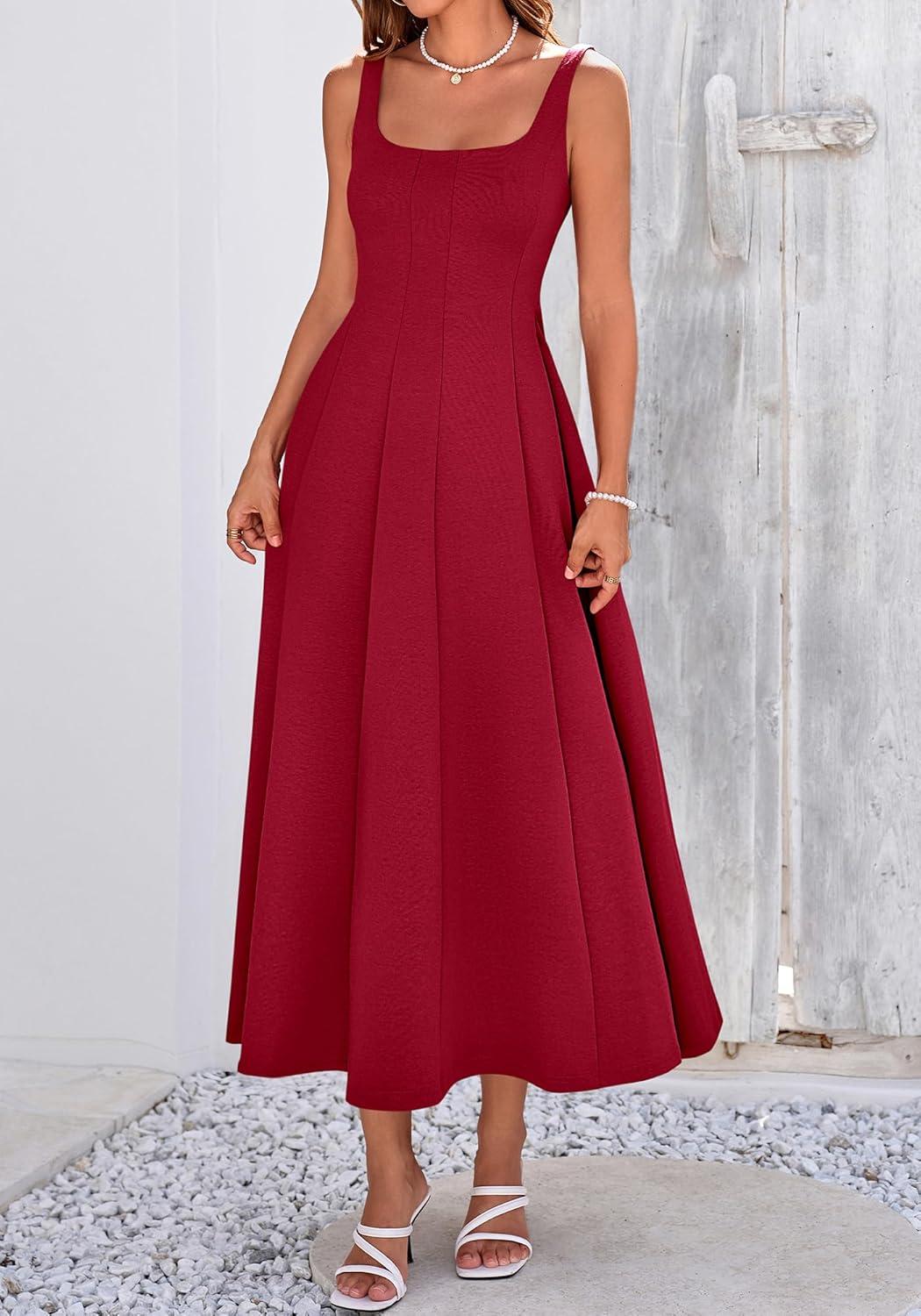 imageBTFBM Women Elegant Wedding Guest Dress Summer Square Neck Sleeveless Flowy A Line Formal Cocktail Party Maxi DressesBurgundy