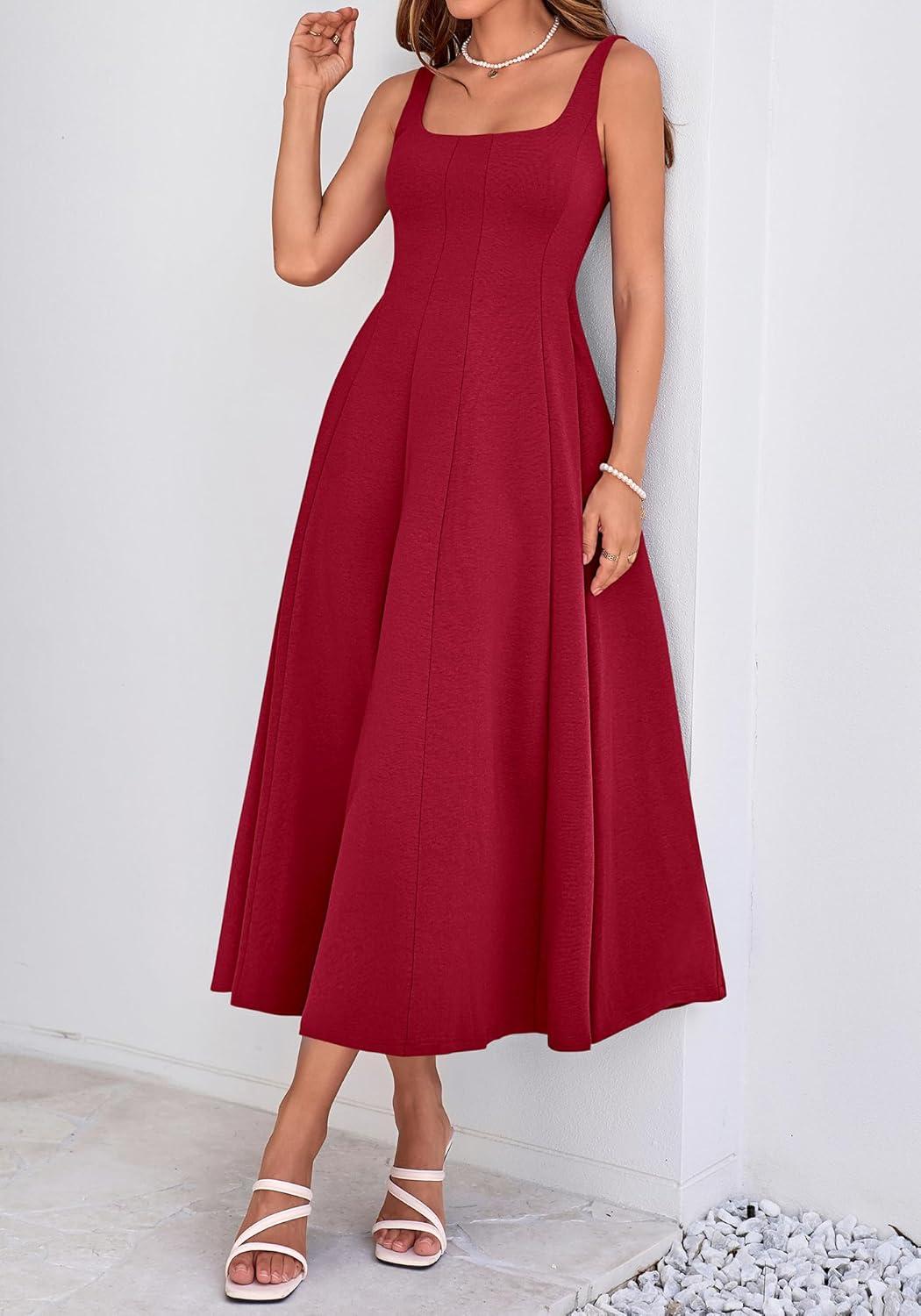 imageBTFBM Women Elegant Wedding Guest Dress Summer Square Neck Sleeveless Flowy A Line Formal Cocktail Party Maxi DressesBurgundy