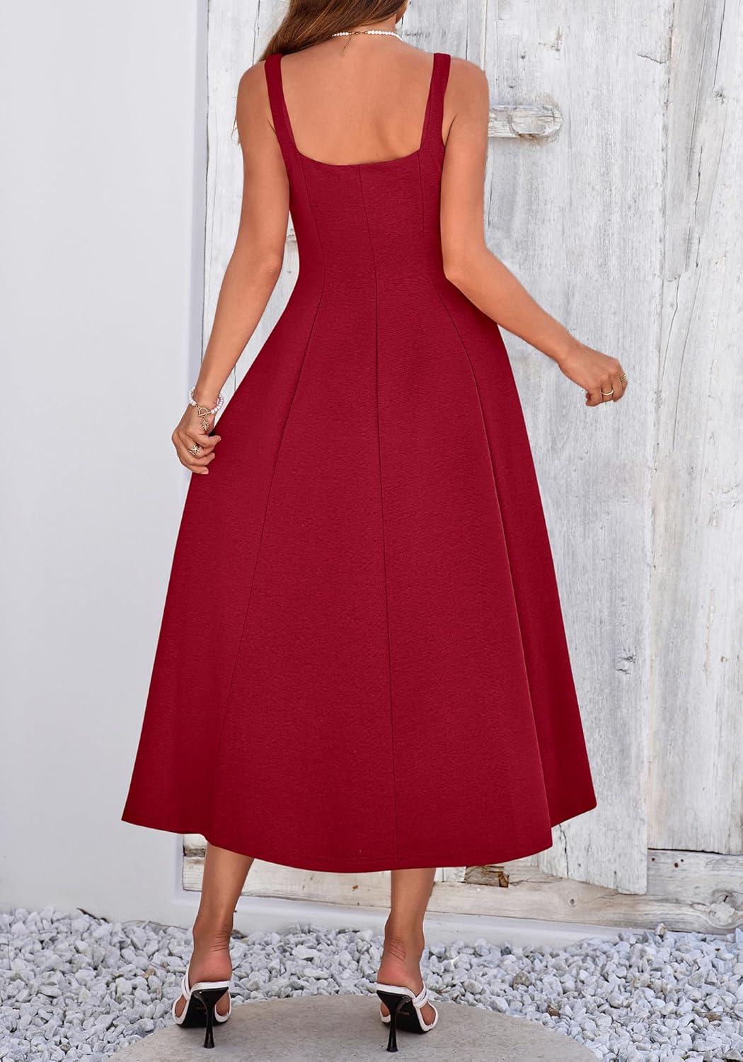 imageBTFBM Women Elegant Wedding Guest Dress Summer Square Neck Sleeveless Flowy A Line Formal Cocktail Party Maxi DressesBurgundy