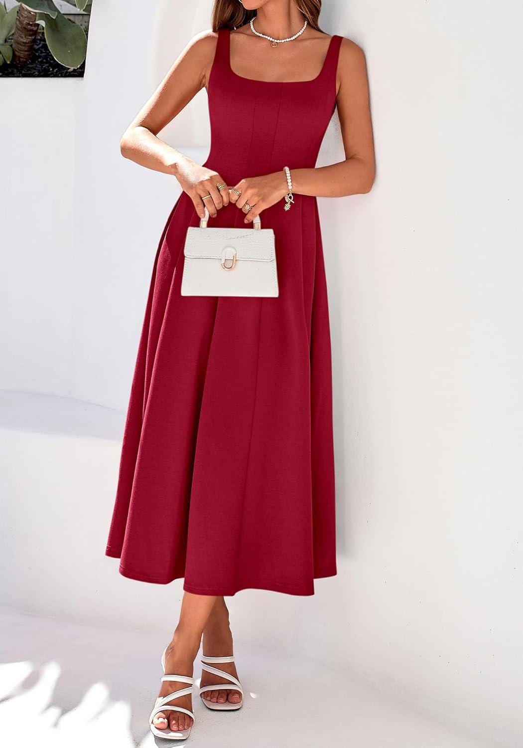 imageBTFBM Women Elegant Wedding Guest Dress Summer Square Neck Sleeveless Flowy A Line Formal Cocktail Party Maxi DressesBurgundy