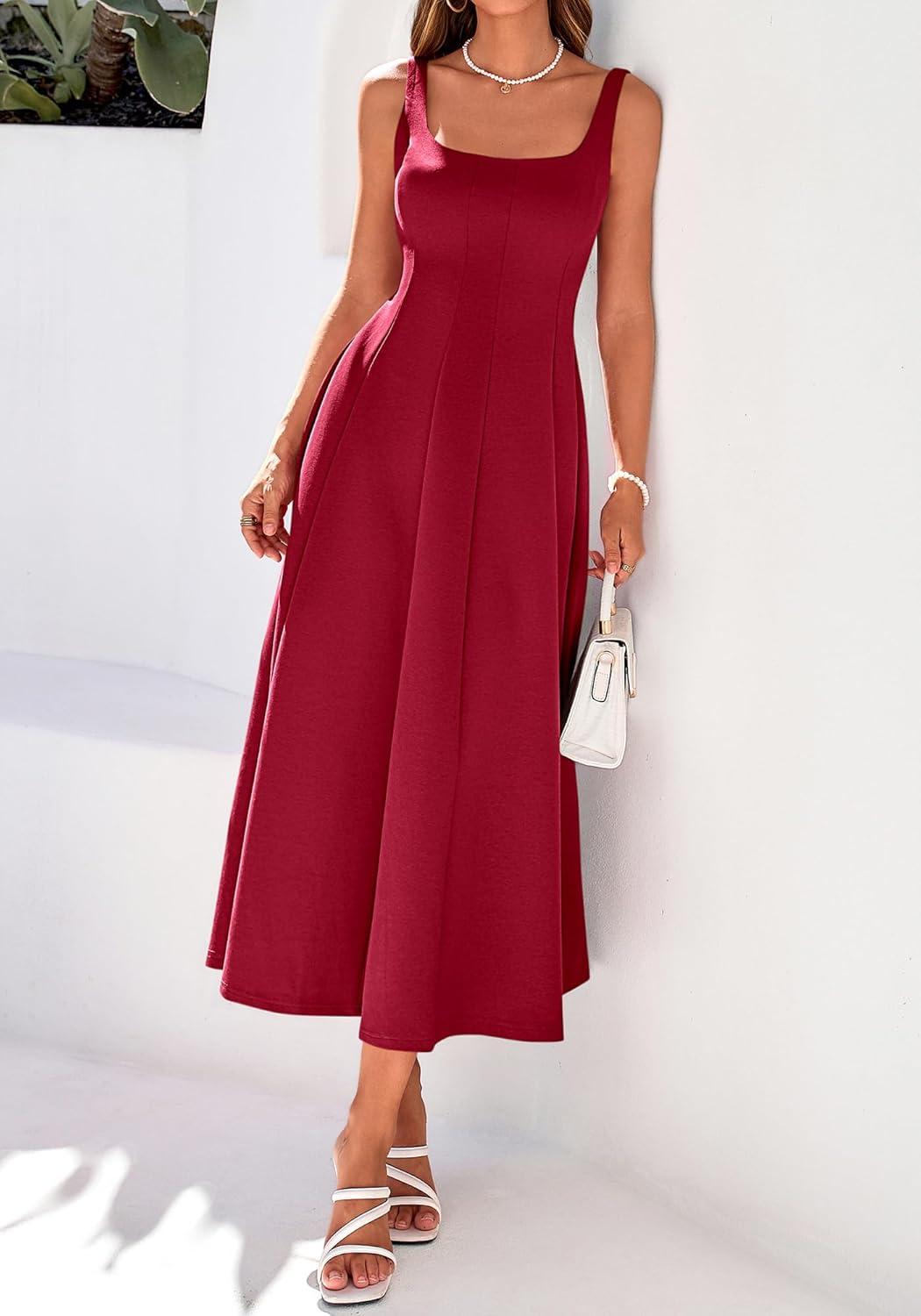 imageBTFBM Women Elegant Wedding Guest Dress Summer Square Neck Sleeveless Flowy A Line Formal Cocktail Party Maxi DressesBurgundy