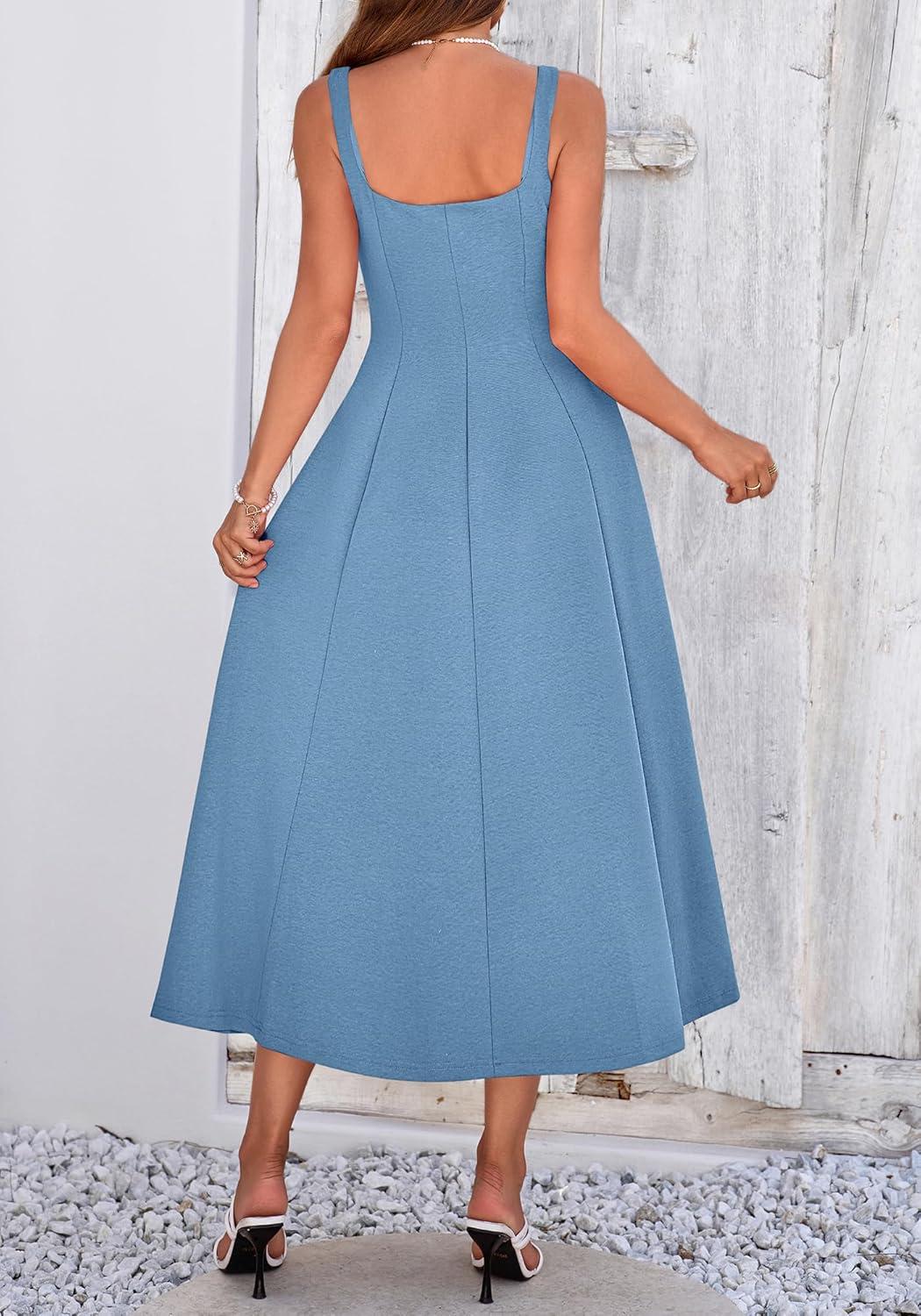 imageBTFBM Women Elegant Wedding Guest Dress Summer Square Neck Sleeveless Flowy A Line Formal Cocktail Party Maxi DressesDusty Blue