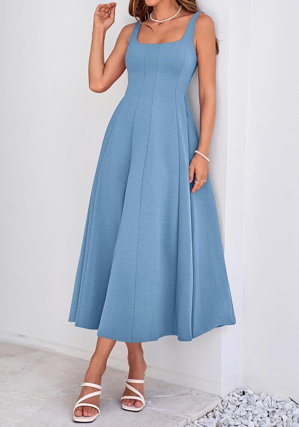 imageBTFBM Women Elegant Wedding Guest Dress Summer Square Neck Sleeveless Flowy A Line Formal Cocktail Party Maxi DressesDusty Blue
