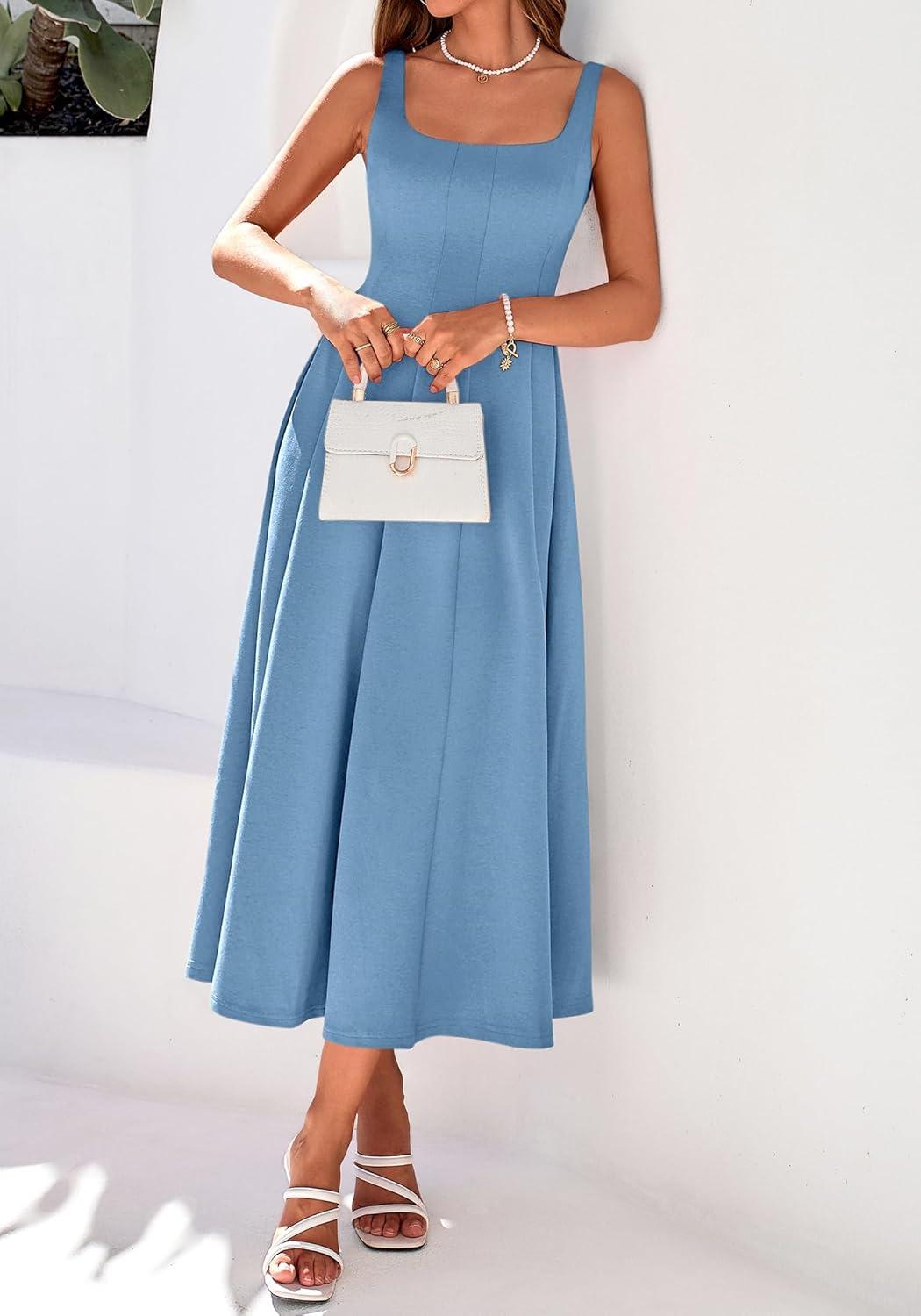 imageBTFBM Women Elegant Wedding Guest Dress Summer Square Neck Sleeveless Flowy A Line Formal Cocktail Party Maxi DressesDusty Blue