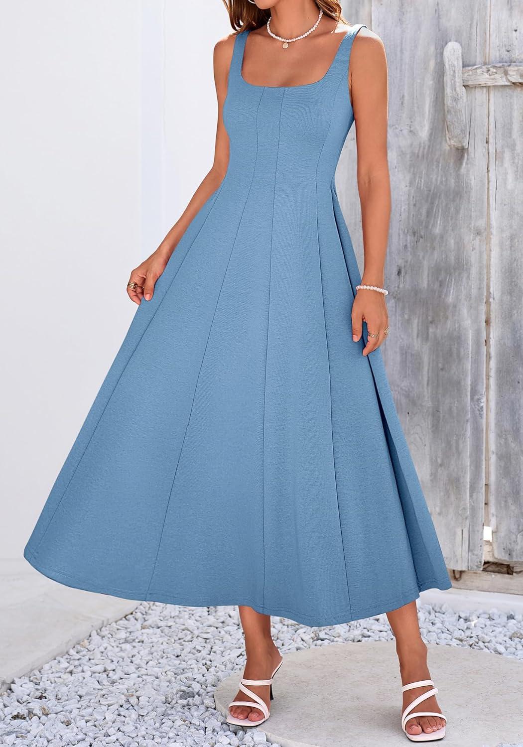 imageBTFBM Women Elegant Wedding Guest Dress Summer Square Neck Sleeveless Flowy A Line Formal Cocktail Party Maxi DressesDusty Blue