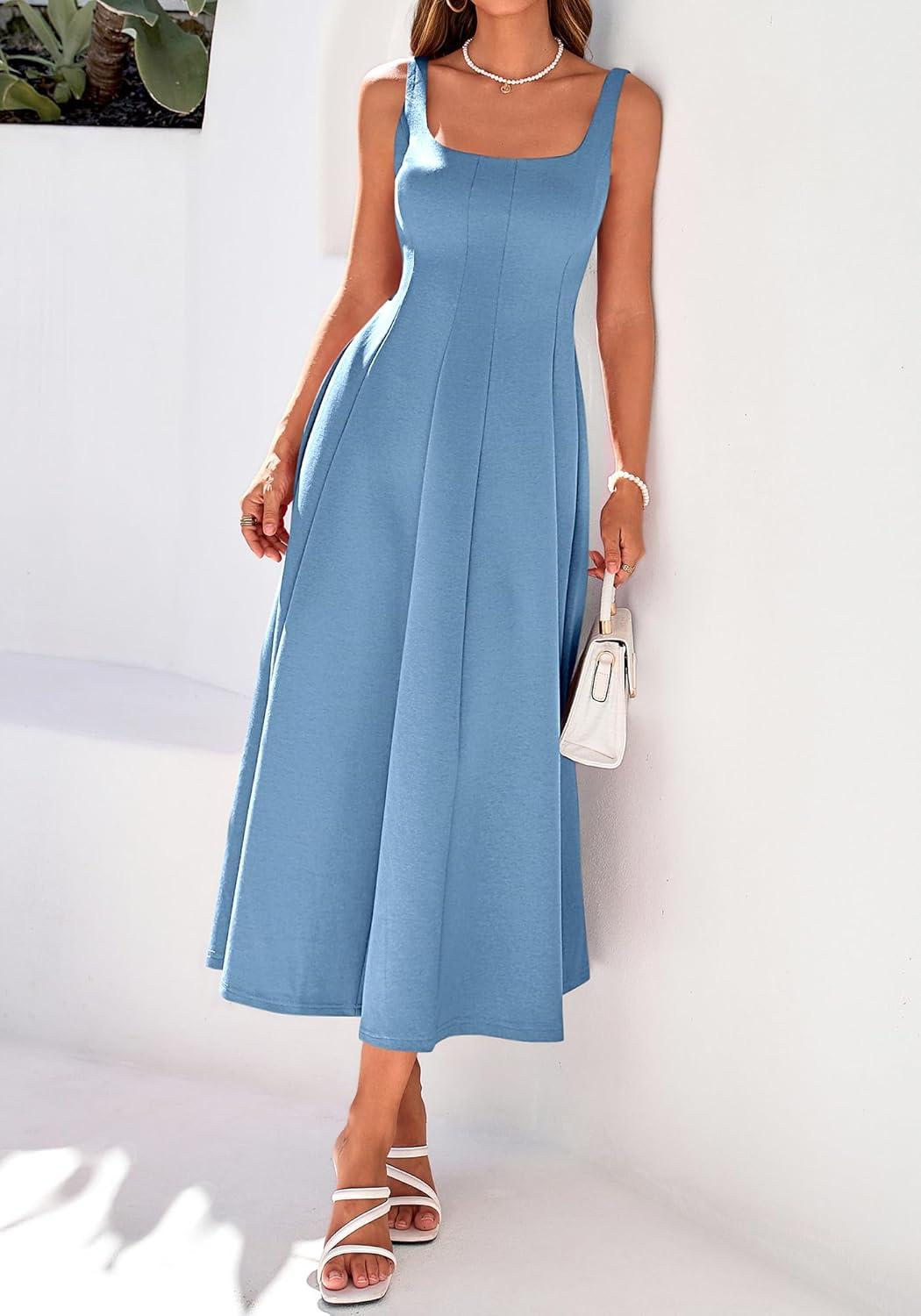imageBTFBM Women Elegant Wedding Guest Dress Summer Square Neck Sleeveless Flowy A Line Formal Cocktail Party Maxi DressesDusty Blue
