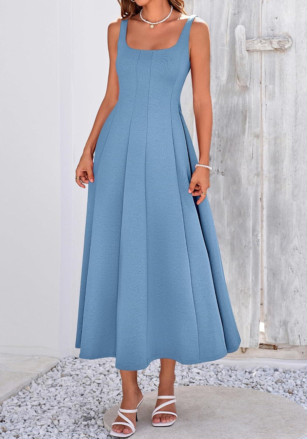 imageBTFBM Women Elegant Wedding Guest Dress Summer Square Neck Sleeveless Flowy A Line Formal Cocktail Party Maxi DressesDusty Blue