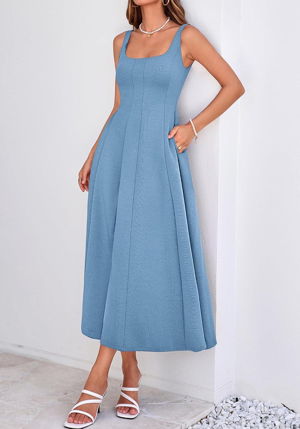imageBTFBM Women Elegant Wedding Guest Dress Summer Square Neck Sleeveless Flowy A Line Formal Cocktail Party Maxi DressesDusty Blue