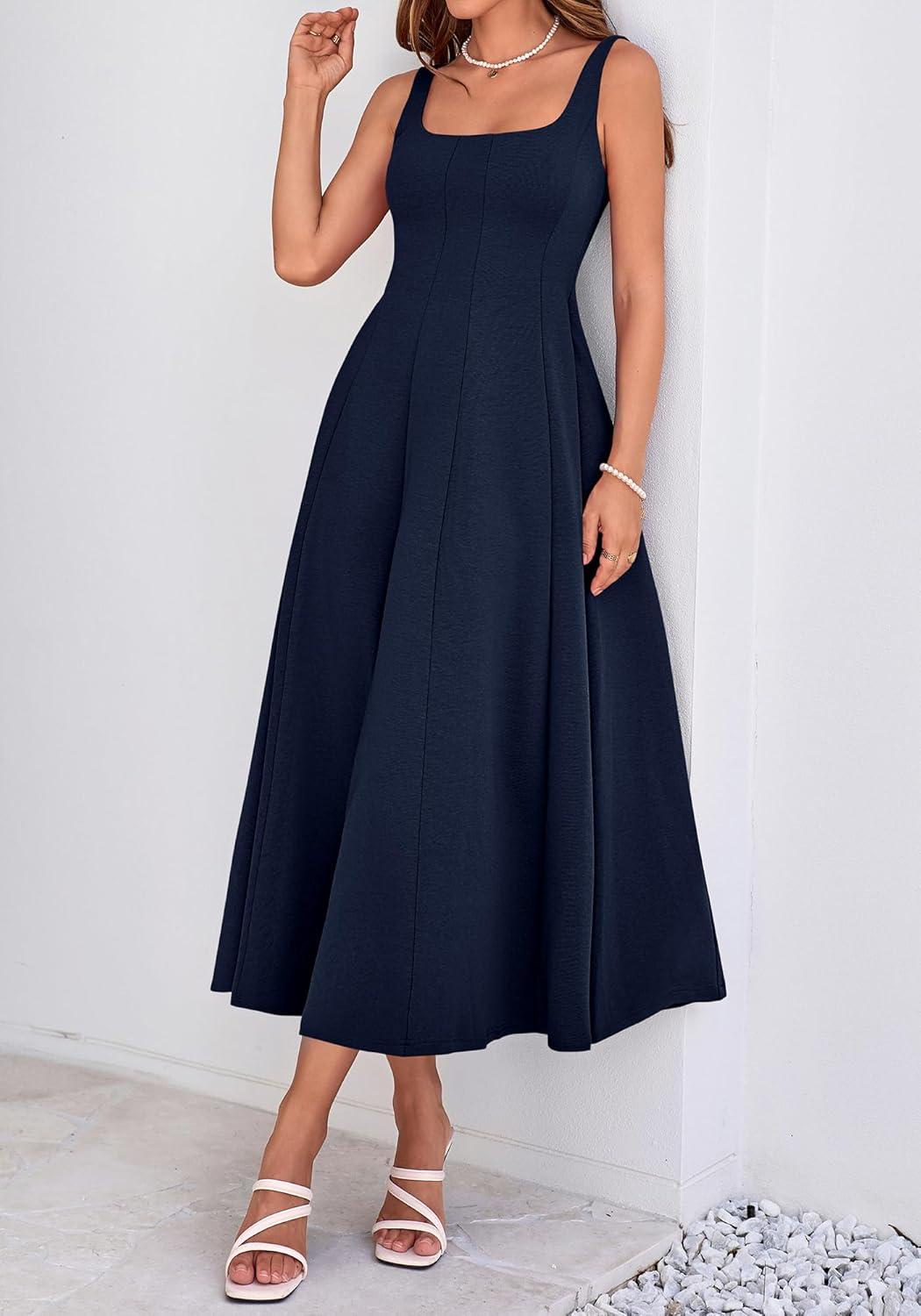 imageBTFBM Women Elegant Wedding Guest Dress Summer Square Neck Sleeveless Flowy A Line Formal Cocktail Party Maxi DressesNavy Blue