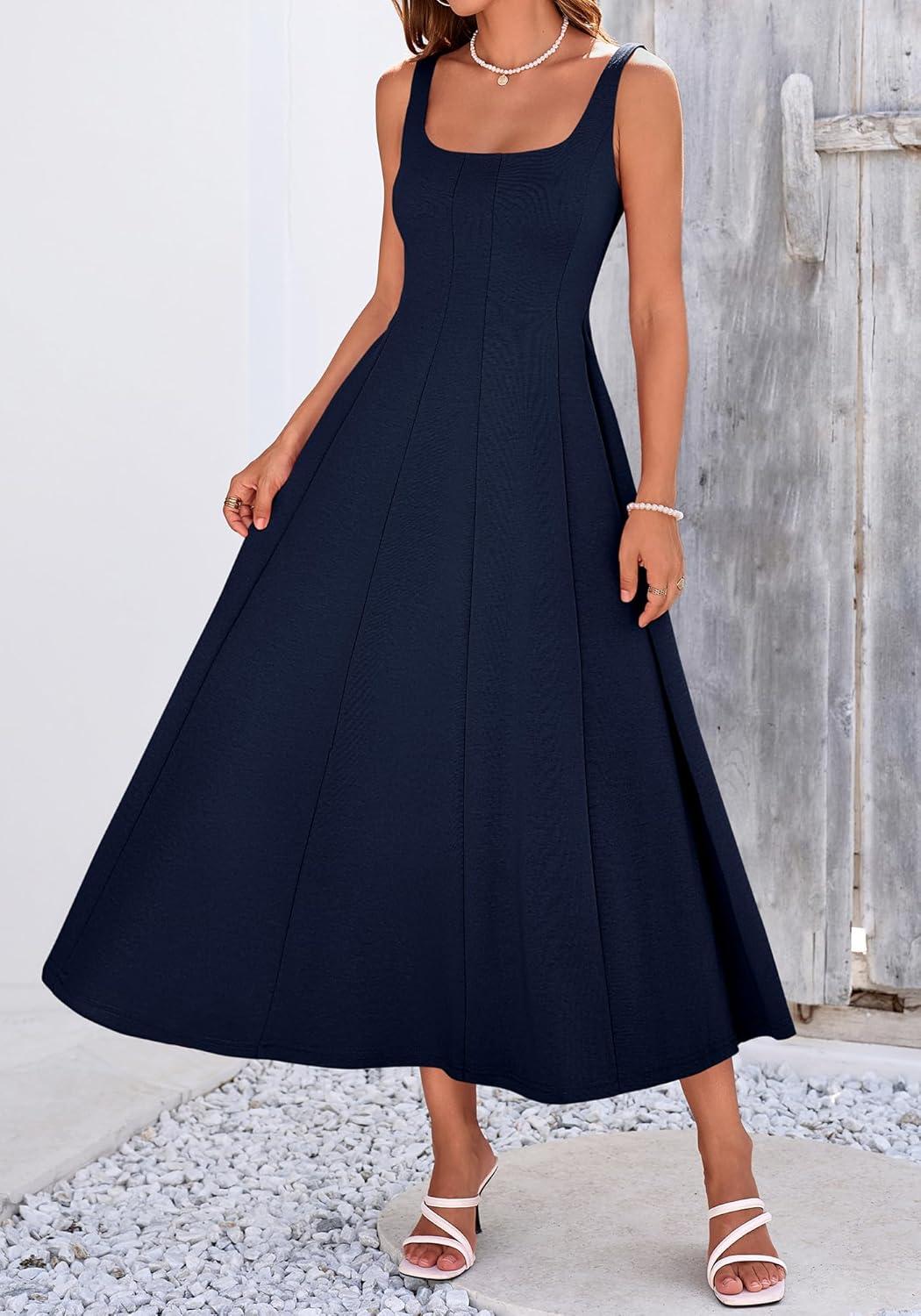 imageBTFBM Women Elegant Wedding Guest Dress Summer Square Neck Sleeveless Flowy A Line Formal Cocktail Party Maxi DressesNavy Blue