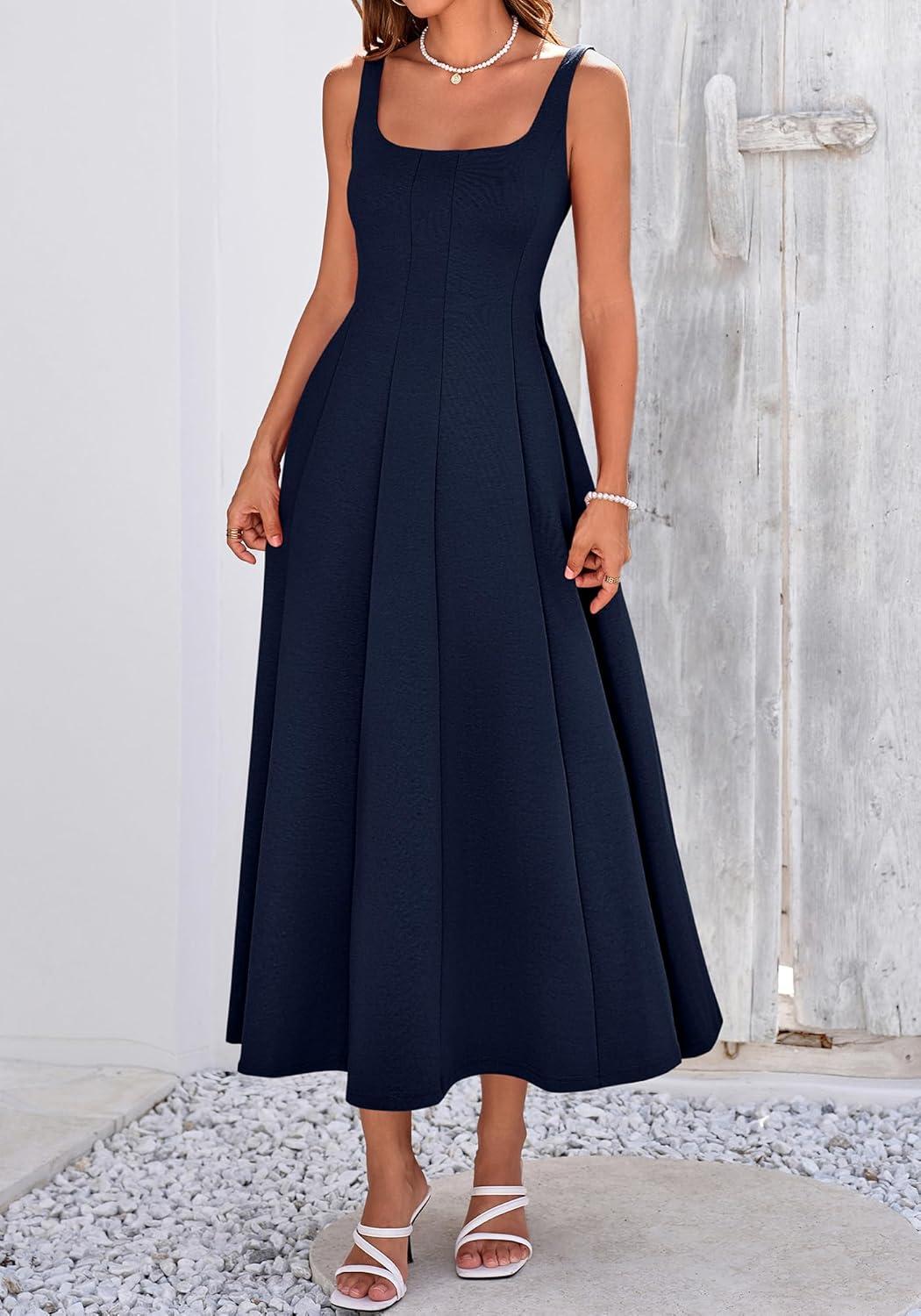 imageBTFBM Women Elegant Wedding Guest Dress Summer Square Neck Sleeveless Flowy A Line Formal Cocktail Party Maxi DressesNavy Blue