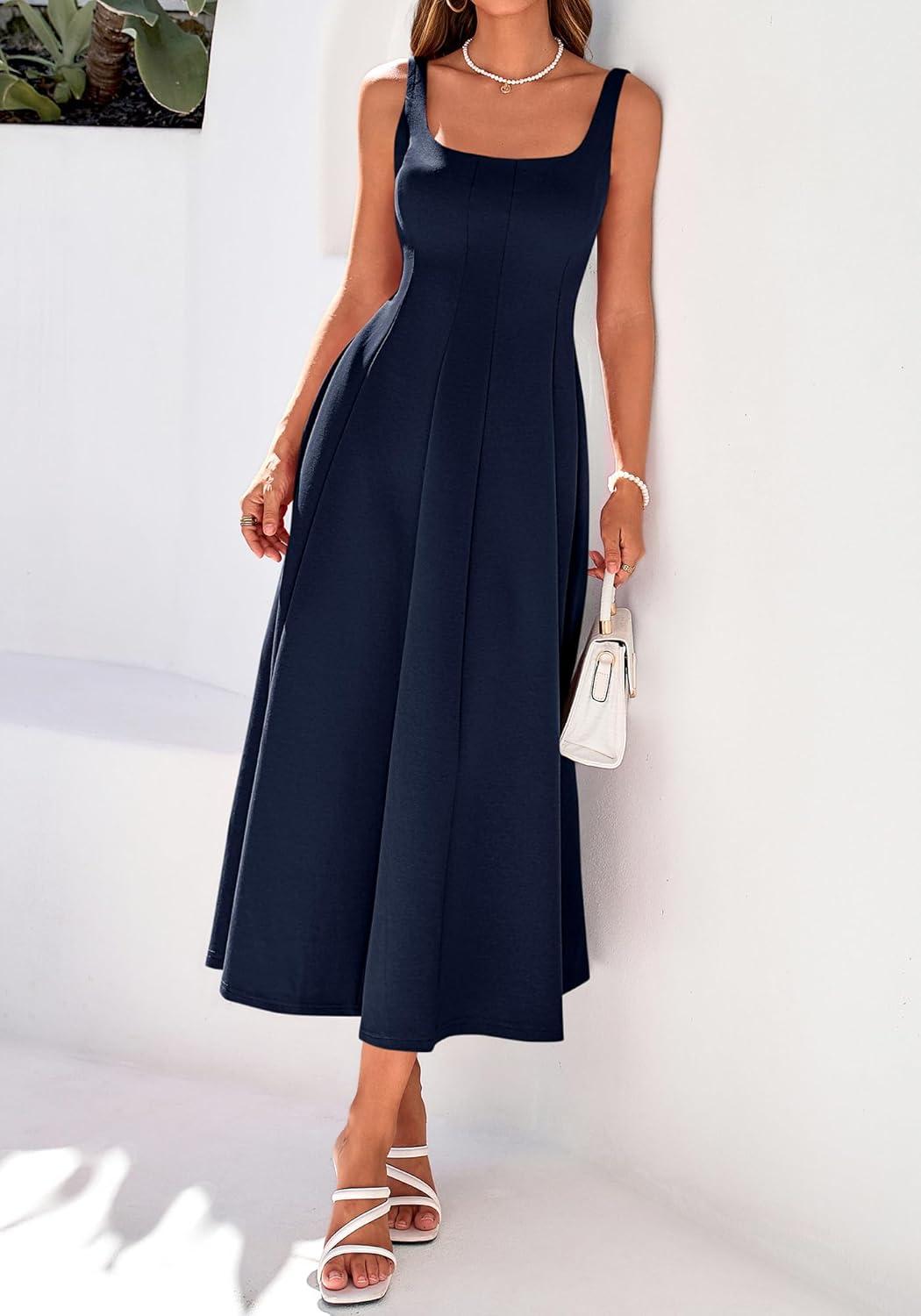 imageBTFBM Women Elegant Wedding Guest Dress Summer Square Neck Sleeveless Flowy A Line Formal Cocktail Party Maxi DressesNavy Blue
