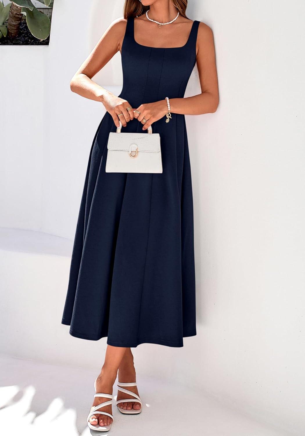 imageBTFBM Women Elegant Wedding Guest Dress Summer Square Neck Sleeveless Flowy A Line Formal Cocktail Party Maxi DressesNavy Blue