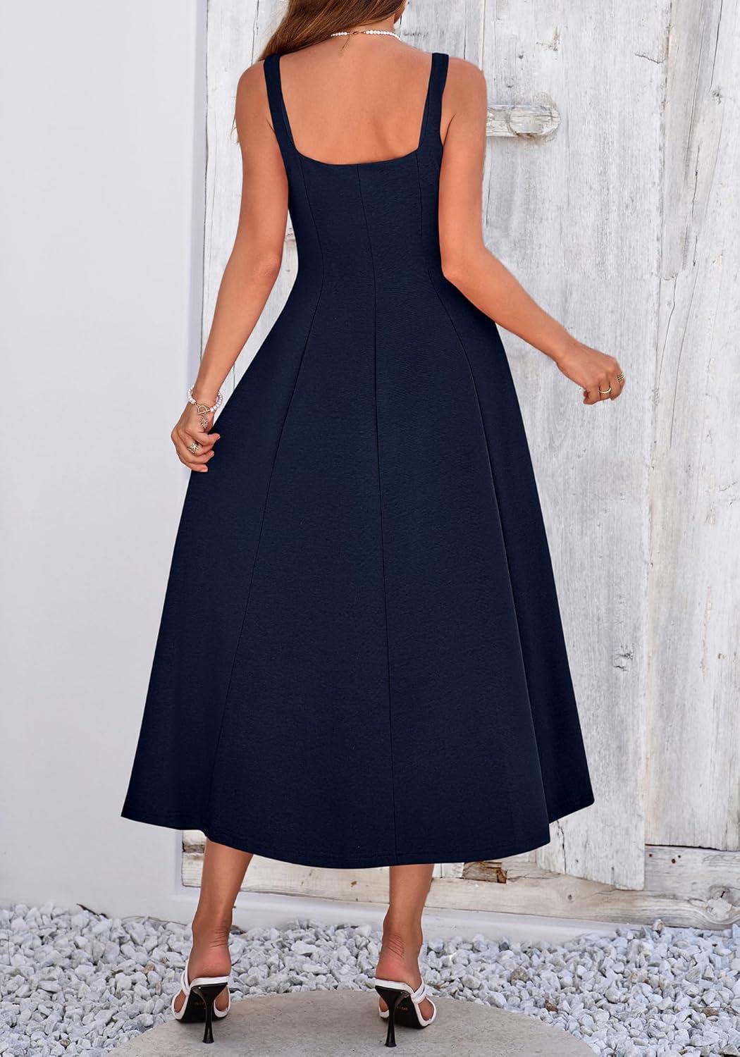 imageBTFBM Women Elegant Wedding Guest Dress Summer Square Neck Sleeveless Flowy A Line Formal Cocktail Party Maxi DressesNavy Blue