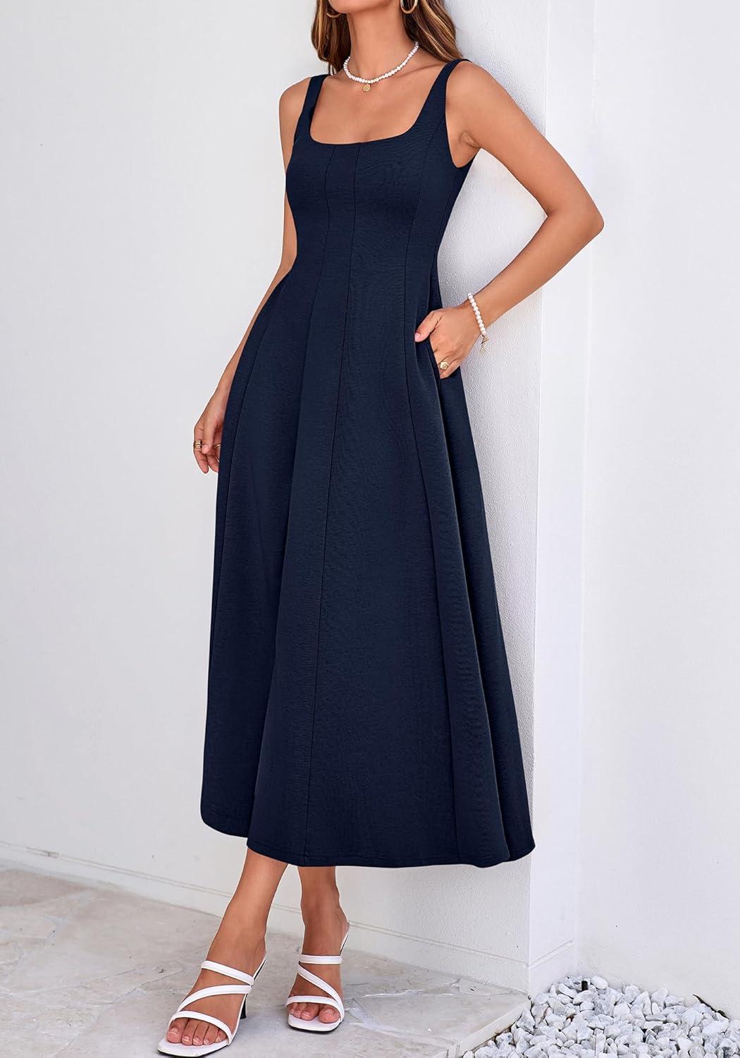 imageBTFBM Women Elegant Wedding Guest Dress Summer Square Neck Sleeveless Flowy A Line Formal Cocktail Party Maxi DressesNavy Blue