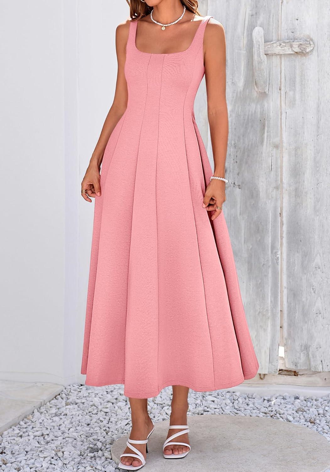 imageBTFBM Women Elegant Wedding Guest Dress Summer Square Neck Sleeveless Flowy A Line Formal Cocktail Party Maxi DressesPink