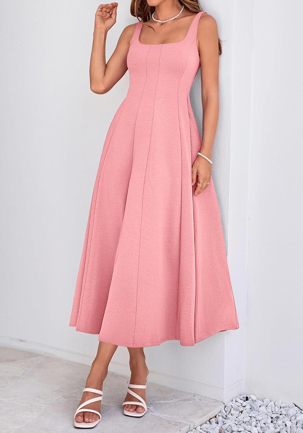 imageBTFBM Women Elegant Wedding Guest Dress Summer Square Neck Sleeveless Flowy A Line Formal Cocktail Party Maxi DressesPink