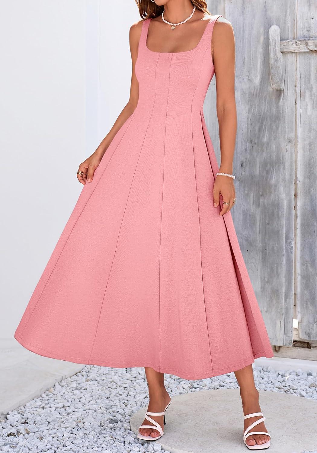 imageBTFBM Women Elegant Wedding Guest Dress Summer Square Neck Sleeveless Flowy A Line Formal Cocktail Party Maxi DressesPink