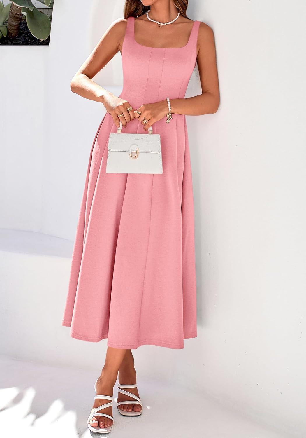 imageBTFBM Women Elegant Wedding Guest Dress Summer Square Neck Sleeveless Flowy A Line Formal Cocktail Party Maxi DressesPink