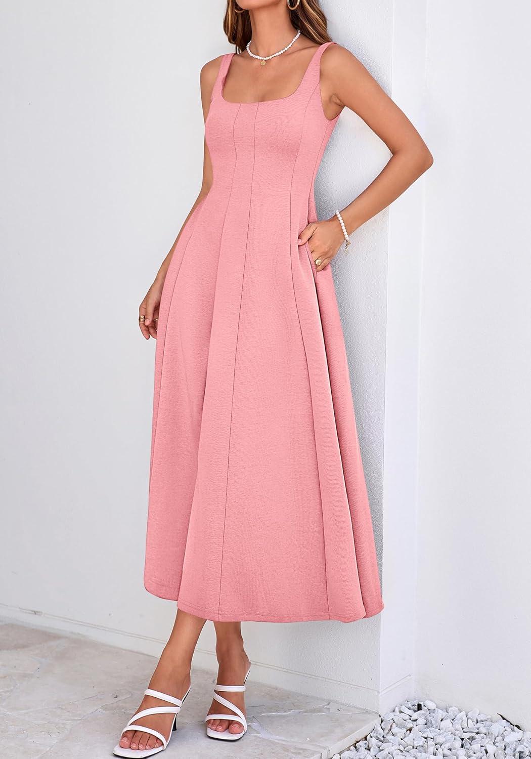 imageBTFBM Women Elegant Wedding Guest Dress Summer Square Neck Sleeveless Flowy A Line Formal Cocktail Party Maxi DressesPink