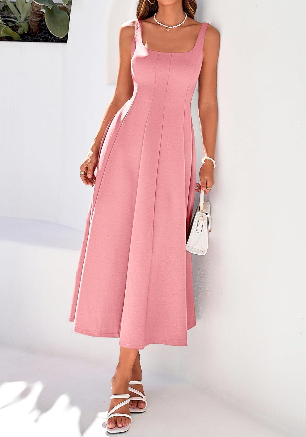 imageBTFBM Women Elegant Wedding Guest Dress Summer Square Neck Sleeveless Flowy A Line Formal Cocktail Party Maxi DressesPink