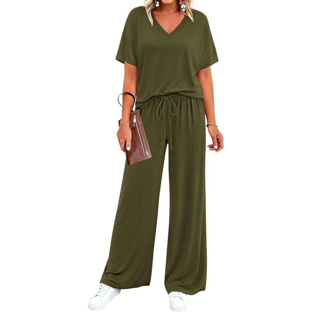 imageBTFBM 2 Piece Sets for Women Summer V Neck Short Sleeve Lounge Set Wide Leg Pants Matching Set Airport Travel OutfitsArmy Green