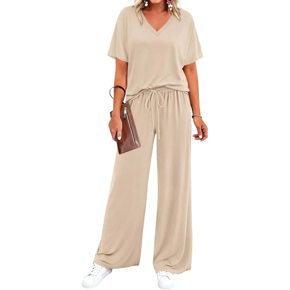 imageBTFBM 2 Piece Sets for Women Summer V Neck Short Sleeve Lounge Set Wide Leg Pants Matching Set Airport Travel OutfitsBeige