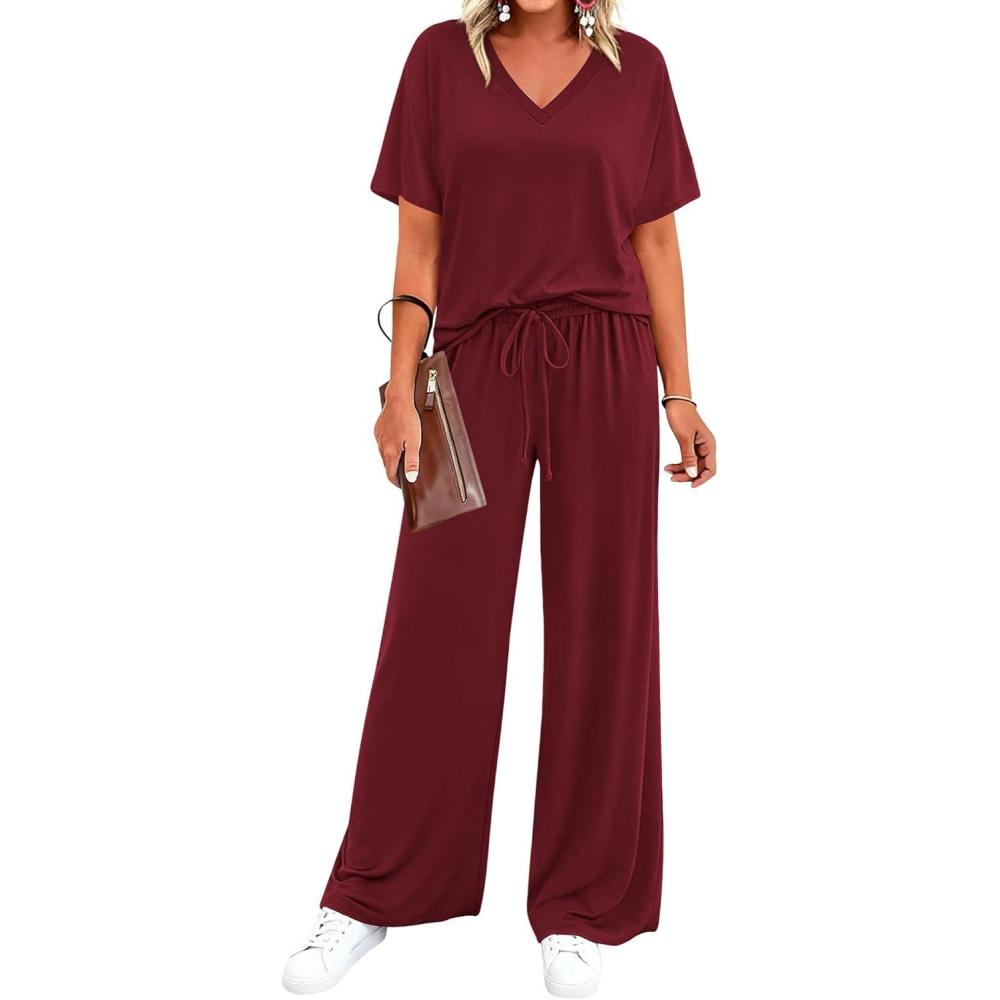 imageBTFBM 2 Piece Sets for Women Summer V Neck Short Sleeve Lounge Set Wide Leg Pants Matching Set Airport Travel OutfitsBurgundy