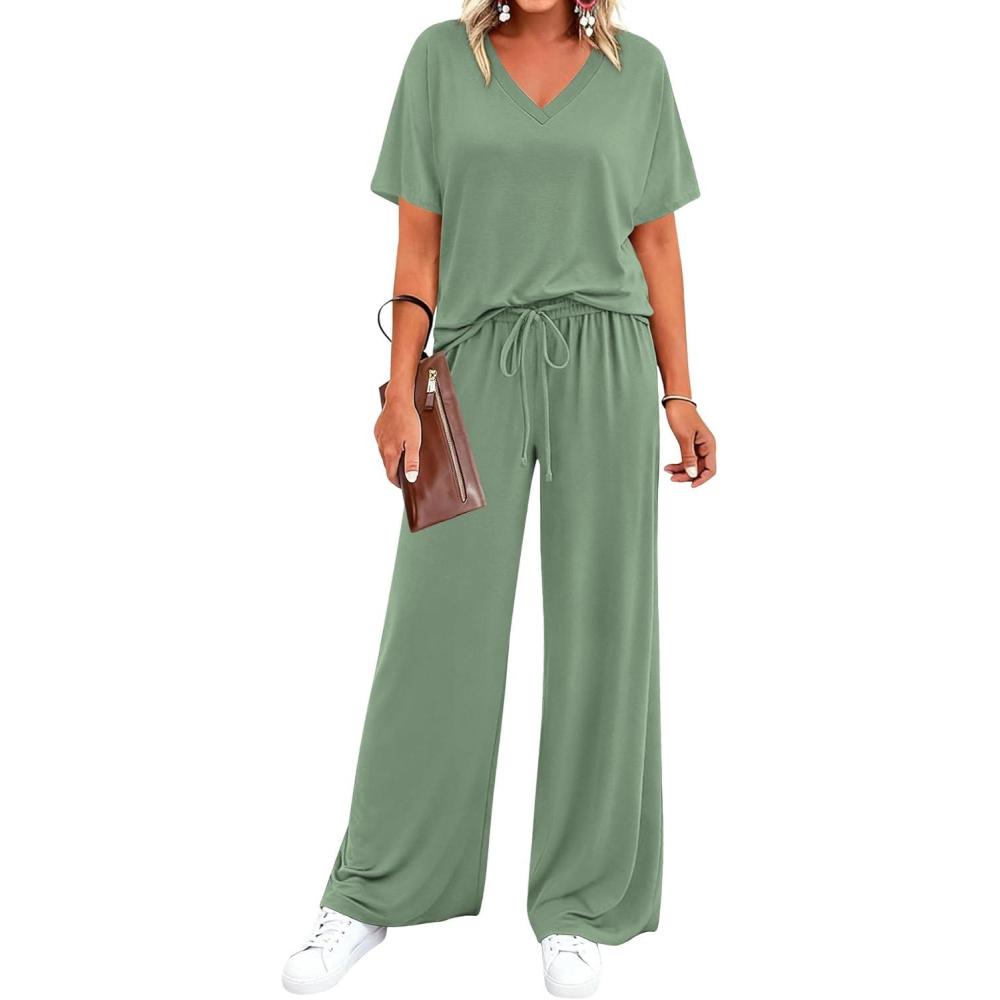 imageBTFBM 2 Piece Sets for Women Summer V Neck Short Sleeve Lounge Set Wide Leg Pants Matching Set Airport Travel OutfitsSage Green