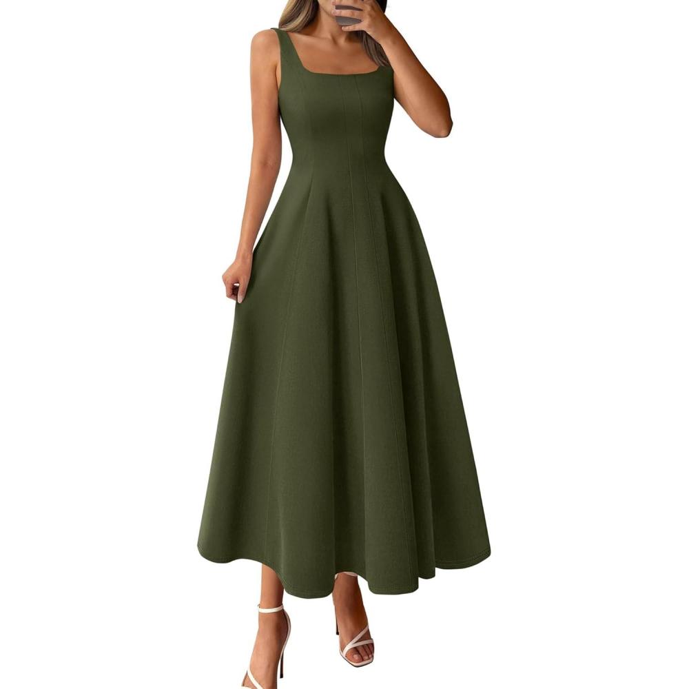 imageBTFBM Women Elegant Wedding Guest Dress Summer Square Neck Sleeveless Flowy A Line Formal Cocktail Party Maxi DressesArmy Green