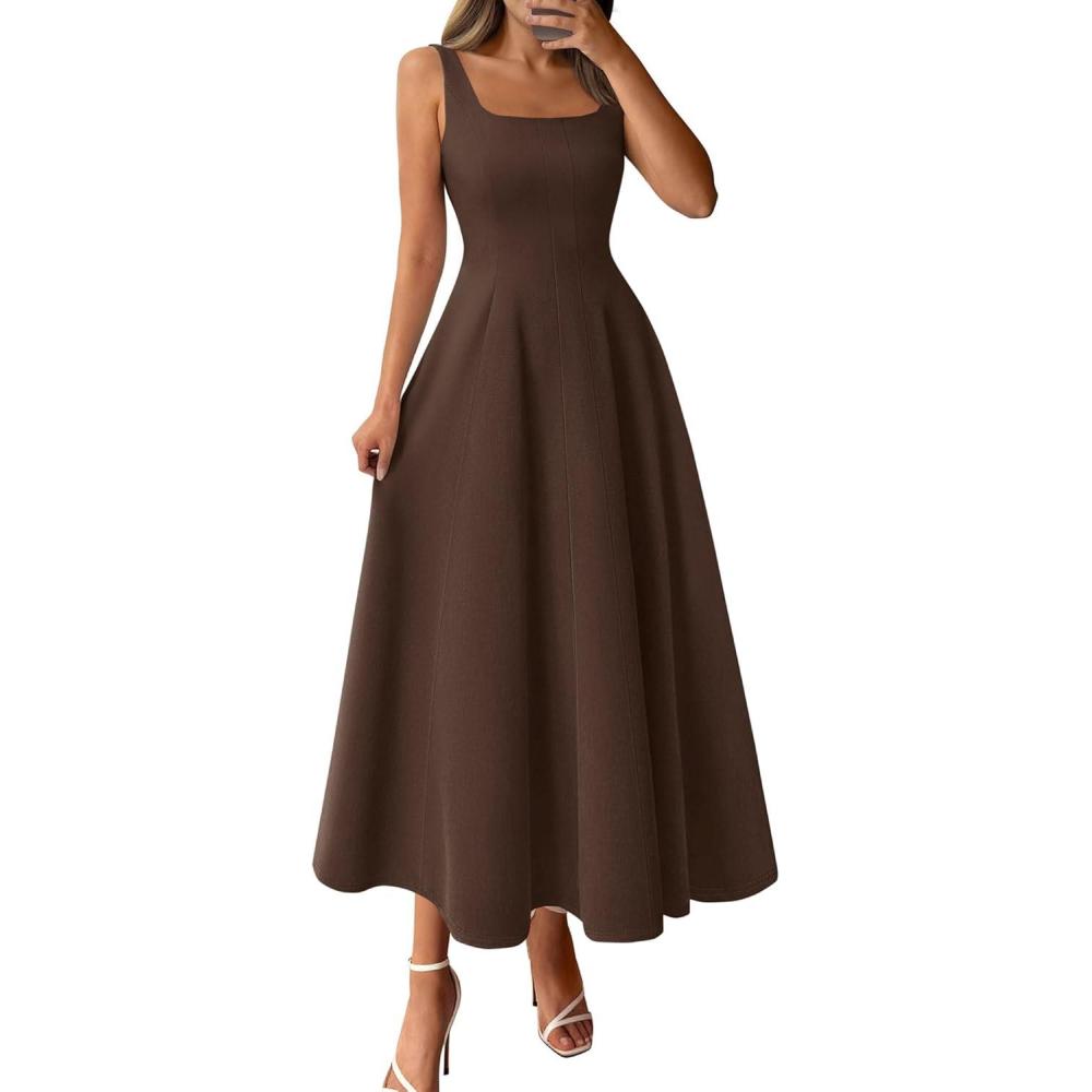 imageBTFBM Women Elegant Wedding Guest Dress Summer Square Neck Sleeveless Flowy A Line Formal Cocktail Party Maxi DressesBrown