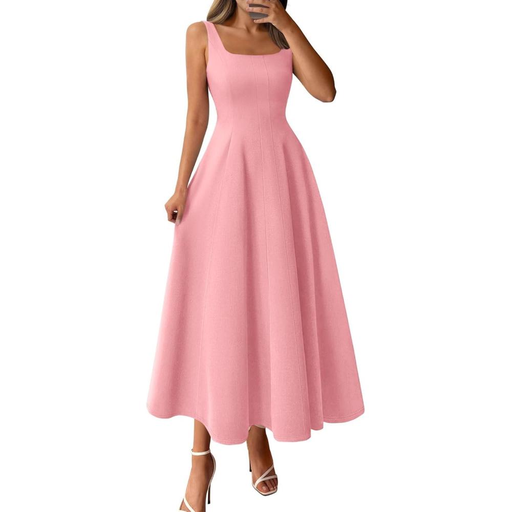 imageBTFBM Women Elegant Wedding Guest Dress Summer Square Neck Sleeveless Flowy A Line Formal Cocktail Party Maxi DressesPink