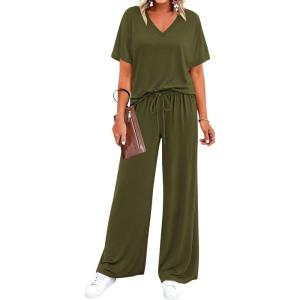 BTFBM 2 Piece Sets for Women Summer V Neck Short Sleeve Lounge Set Wide Leg Pants Matching Set Airport Travel Outfits(Army Green)