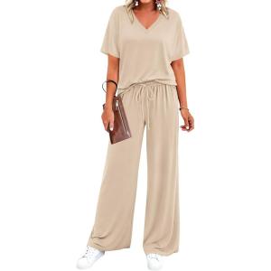 BTFBM 2 Piece Sets for Women Summer V Neck Short Sleeve Lounge Set Wide Leg Pants Matching Set Airport Travel Outfits(Beige)