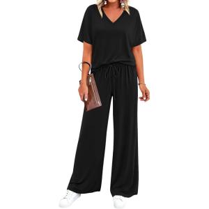 BTFBM 2 Piece Sets for Women Summer V Neck Short Sleeve Lounge Set Wide Leg Pants Matching Set Airport Travel Outfits(Black)