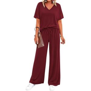 BTFBM 2 Piece Sets for Women Summer V Neck Short Sleeve Lounge Set Wide Leg Pants Matching Set Airport Travel Outfits(Burgundy)