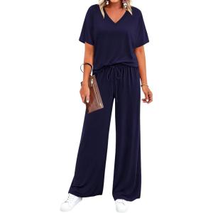 BTFBM 2 Piece Sets for Women Summer V Neck Short Sleeve Lounge Set Wide Leg Pants Matching Set Airport Travel Outfits(Navy Blue)