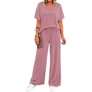 BTFBM 2 Piece Sets for Women Summer V Neck Short Sleeve Lounge Set Wide Leg Pants Matching Set Airport Travel Outfits(Pink)