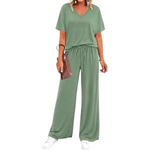 BTFBM 2 Piece Sets for Women Summer V Neck Short Sleeve Lounge Set Wide Leg Pants Matching Set Airport Travel Outfits(Sage Green)
