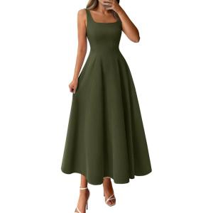 BTFBM Women Elegant Wedding Guest Dress Summer Square Neck Sleeveless Flowy A Line Formal Cocktail Party Maxi Dresses(Army Green)